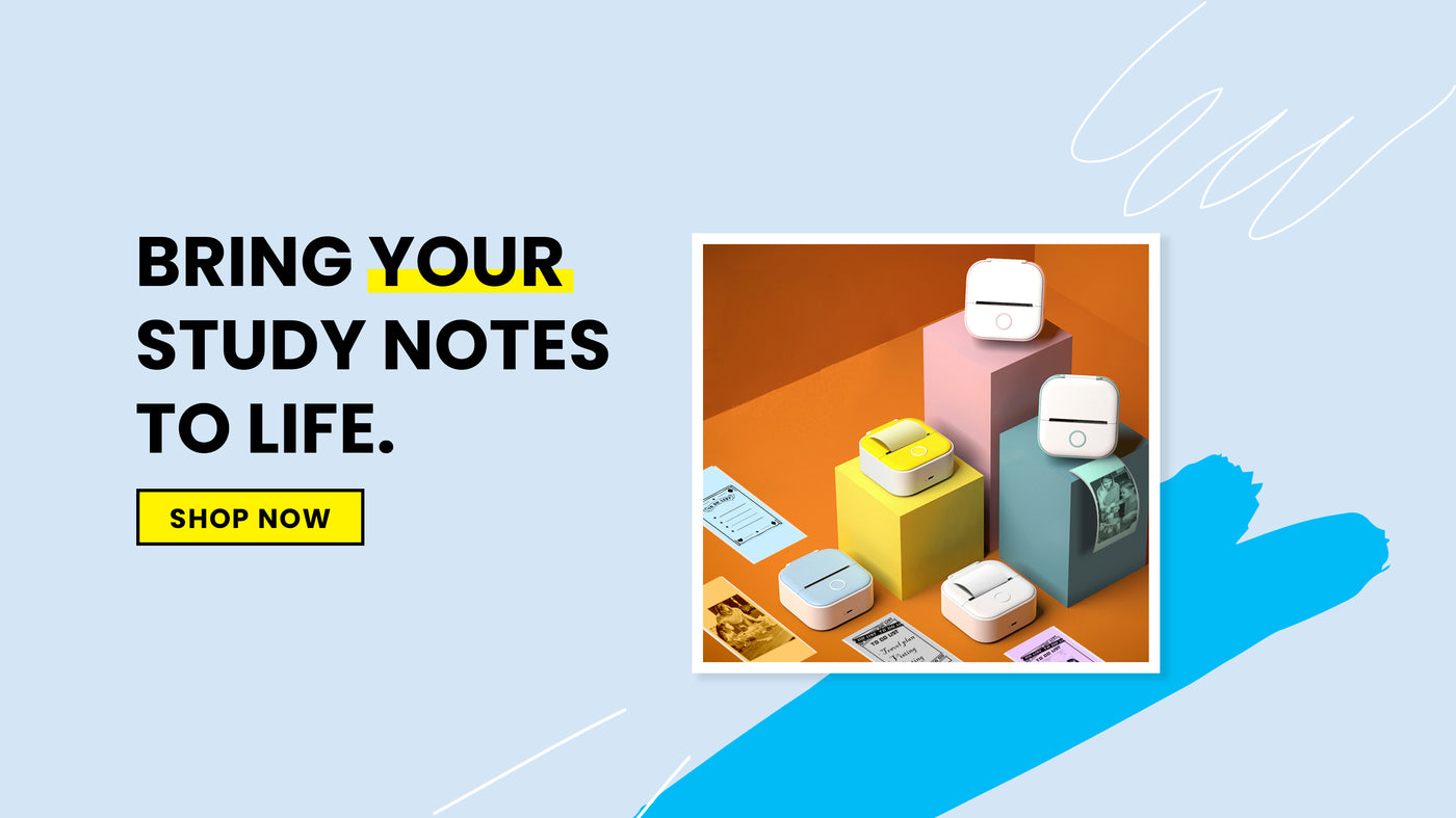 Promotional graphic with colorful stationery items and text on a light blue background