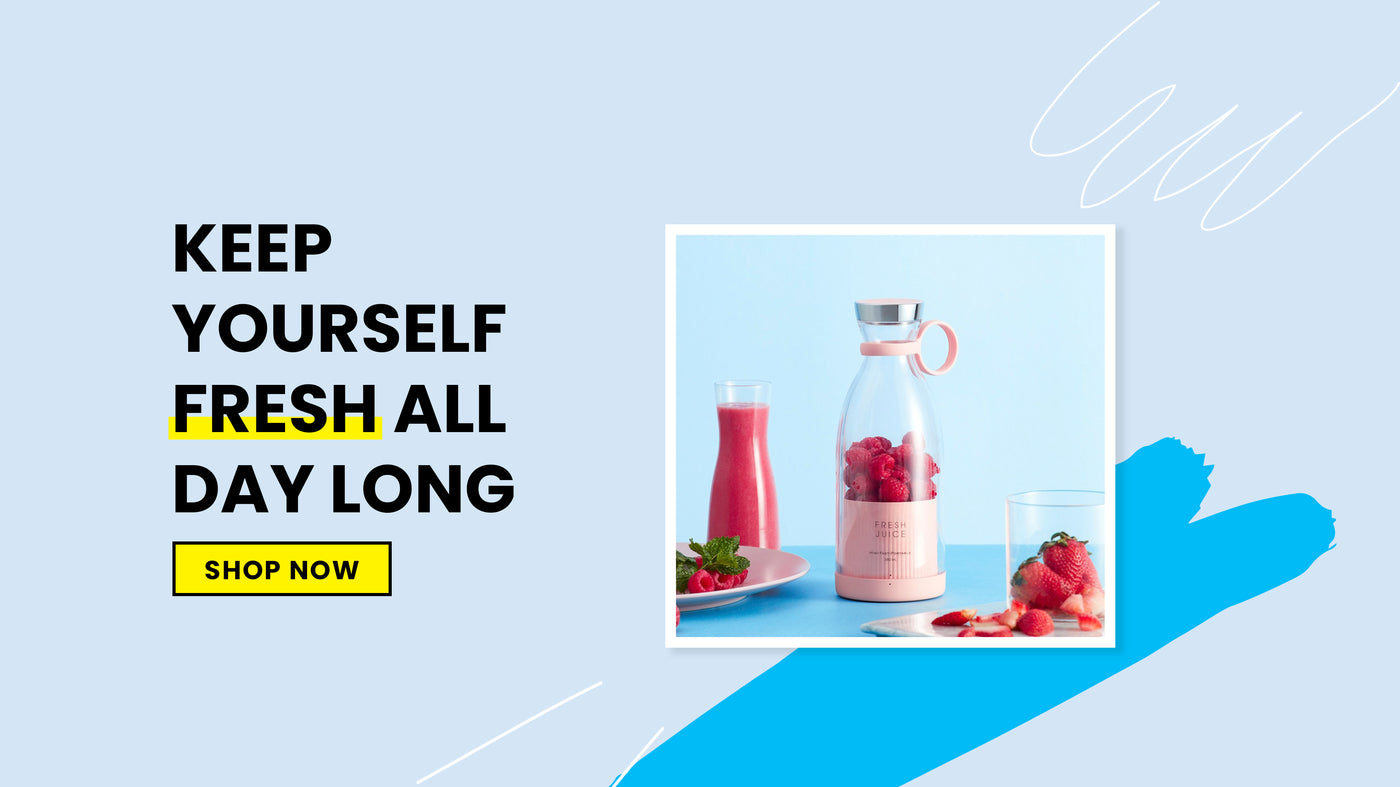 Promotional banner with a bottle of pink smoothie and strawberries on a light blue background, featuring text 'Keep Yourself Fresh All Day Long' and a call to action button.